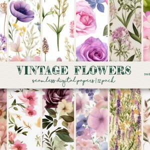 Vintage Flowers Digital Paper, Seamless Floral Patterns, Retro Prints, Floral Background, Printable Stationery, Scrapbook Paper,  12 Designs