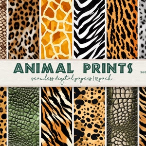 Wild Animal Digital Paper, Seamless Animal Patterns, Safari Prints, Animal Background, Printable Stationery, Scrapbook Paper, 12 Designs