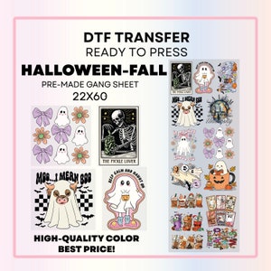 以下が含まれることがあります： 「HALLOWEEN-FALL」とラベルされたDTF転写シート。ゴースト、花、リボン、スケルトン、幽霊のコスチュームを着た牛などのデザインが含まれています。シートのサイズは55.88 x 152.4 cmです。