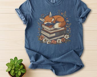 Cozy Fox Reading Shirt • Sleeping Fox on Book Stack | Comfort Colors 1717