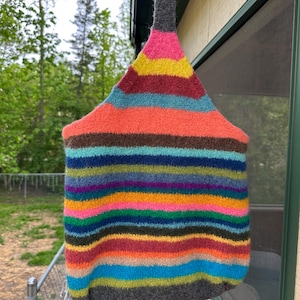 May include: A knit tote bag featuring a vibrant horizontal striped pattern in shades of pink, yellow, red, teal, blue, green, orange, and brown. The bag has a single integrated handle at the top and a solid dark gray base and handle section.