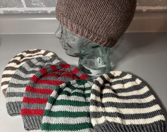 100% Wool Hand-Knit Beanie - Striped or Solid