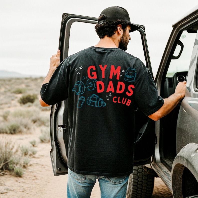 Gym Dads Club Tee | Weightlifting Icons, Dumbbell, Protein Shaker image 1