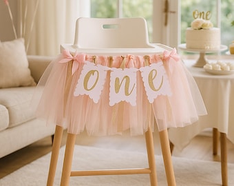 Pink ONE HighChair Banner for Baby Girl 1st Birthday – Tulle & Ribbon Pastel Garland – Sweetheart Party High Chair Decoration
