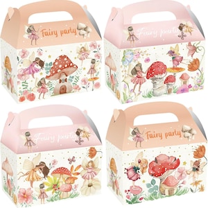 May include: Four fairy party favour boxes. Each box has a peach-coloured handle and top, with a white body decorated with fairies, mushrooms, flowers, and the words "Fairy party".