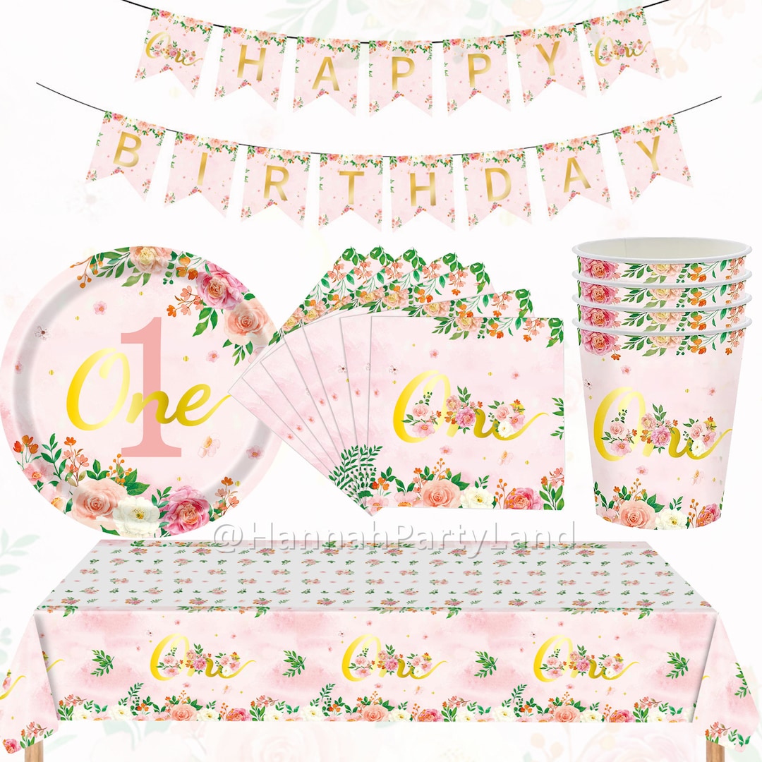 Girl's 1st Birthday Party Supplies, PINK ONE Birthday Tableware ...