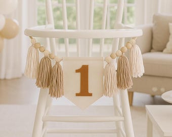Cream Wild One Highchair Banner – Baby Boy 1st Birthday Party Decor, Bear Safari Theme, ONE Photo Prop, Cake Smash Sign