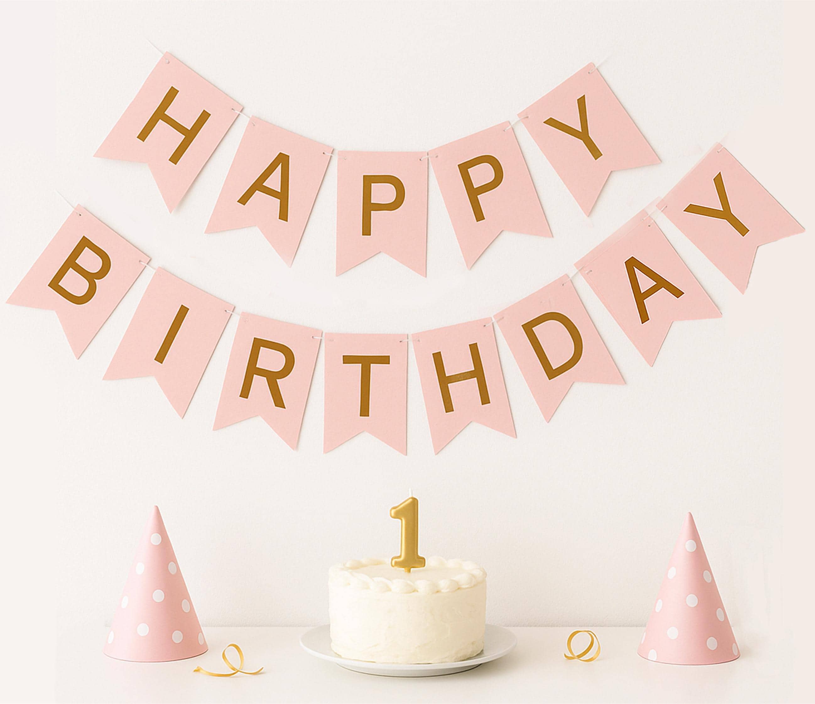 Pink Happy Birthday Banner – Pastel Pink Garland Bunting, Girl Birthday ...