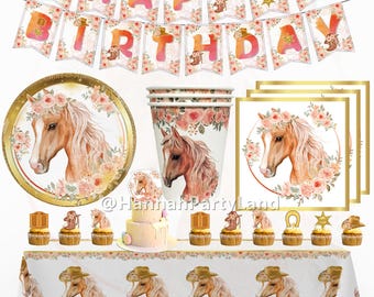 Horse Pony Party Decorations, Racing Horse Banner Balloons, Party Supplies Tableware Plate Cup Napkin Table Cloth Decorations