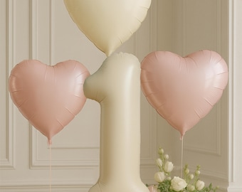 Pink  Cream Heart Foil Balloons Giant Cream Number 1 Foil Balloons | 1st Birthday Party Decorations | Girl's First Birthday Decorations
