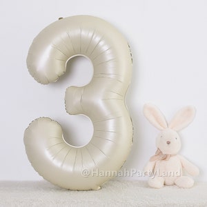 May include: A large, metallic gold number three balloon. The balloon is inflated and has a shiny finish. A small, white plush bunny is sitting in front of the balloon.