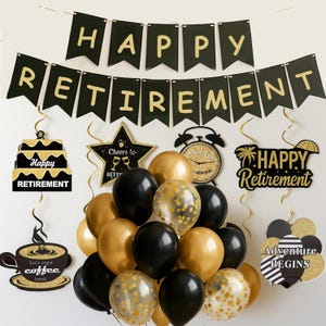 Happy Retirement Banner Bunting Gold Black Balloons Swirls Happy Retirement Party Decorations