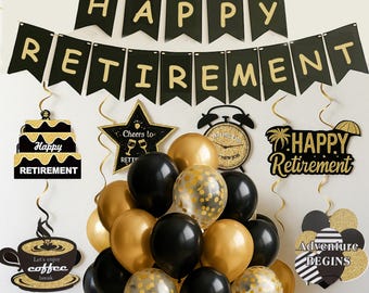 Happy Retirement Banner Bunting Gold Black Balloons Swirls Happy Retirement Party Decorations