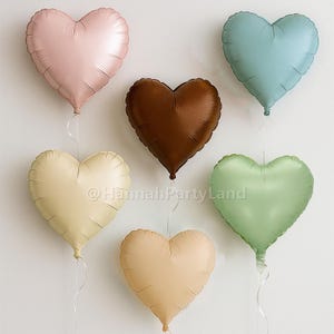 May include: Six heart-shaped balloons in various colours, including pink, blue, brown, beige, and green. The balloons are tied together with strings.