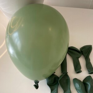 May include: A large sage green balloon with a glossy finish, surrounded by smaller dark green balloons.