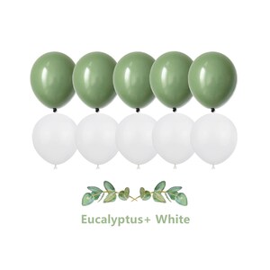 May include: A set of 7 balloons, 5 in a muted green color and 2 in white. The balloons are arranged in two rows, with the green balloons on top and the white balloons on the bottom. The text "Eucalyptus + White" is written below the balloons.
