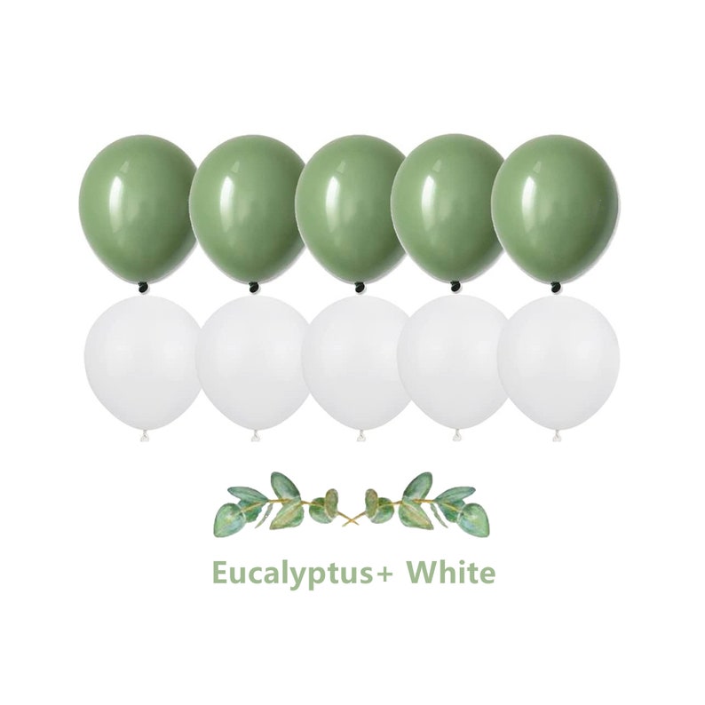 May include: A set of 7 balloons, 5 in a muted green color and 2 in white. The balloons are arranged in two rows, with the green balloons on top and the white balloons on the bottom. The text "Eucalyptus + White" is written below the balloons.