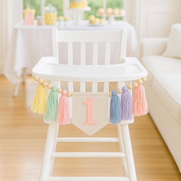 Banner de trona arcoíris pastel: decoración para trona de bebé para su primer cumpleaños, accesorio fotográfico para tarta de cumpleaños, decoración para el primer cumpleaños
