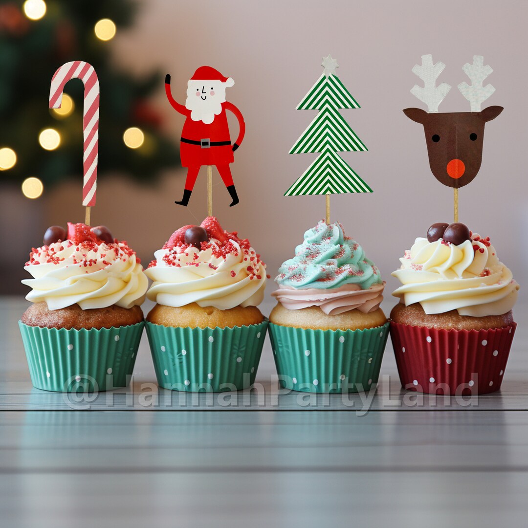 Christmas Cupcake Toppers, Santa Elk Candy Cane Christmas Tree Cup Cake ...