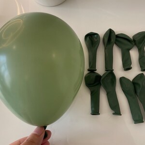May include: A set of 10 sage green latex balloons. The balloons are deflated and ready to be inflated. The balloons are perfect for a party or celebration.