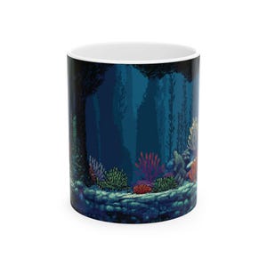 Pixel Art Ceramic Mug, Pixelated Underwater Level Design, Gamer Gift, Video Game Mug, Retro Gaming Cup, 8-Bit Coffee Mug
