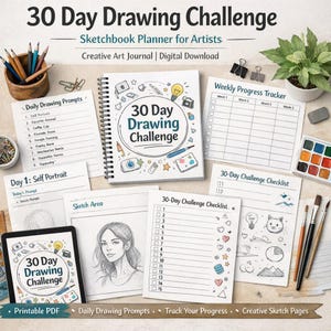 Peut inclure: Un ensemble de téléchargement numérique pour carnet de croquis 30 Day Drawing Challenge comprenant un carnet à spirales, des invites de dessin quotidiennes, un suivi de progression hebdomadaire, une liste de contrôle et des pages de croquis.
