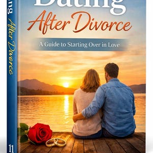 Op de afbeelding: Boekomslag voor "Dating After Divorce: A Guide to Starting Over in Love". De omslag toont een stel dat elkaar omhelst op een steiger bij zonsondergang, met een rode roos en trouwringen op de voorgrond. De rug van het boek luidt "Dating After Divorce."