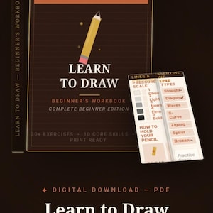 Peut inclure: Un cahier d'exercices pour débutants "Learn to Draw" avec un crayon jaune. La couverture marron porte les mentions "Beginner's Edition" et "Beginner's Workbook". Comprend un guide sur la pression, les types de lignes et comment tenir un crayon.