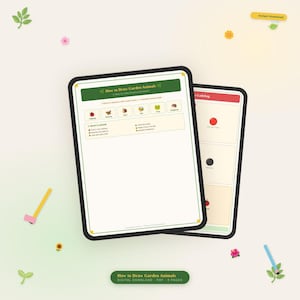 Peut inclure: Un cahier d'exercices de dessin numérique intitulé How to Draw Garden Animals affiché sur deux écrans de tablette. Les pages présentent des instructions étape par étape pour dessiner des insectes et animaux comme une coccinelle, un papillon, un escargot, une abeille, une grenouille et un hérisson.