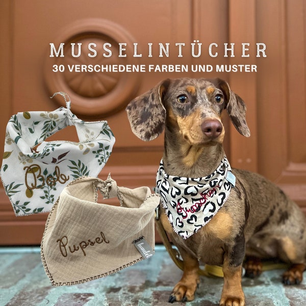 Personalisiertes Hundehalstuch aus Baumwolle in über 30 Farben und Mustern, handgefertigtes Musselintuch mit Namen. Perfekt für den Alltag