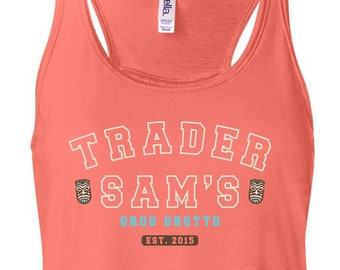 Grog Grotto de Trader Sam - Camiseta holgada con espalda nadadora para mujer - Camiseta inspirada en el bar Tiki de Disney Polynesian Resort para mujer