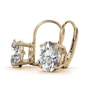 Oval Moissanite Drop Earrings: 14K Yellow Gold Leverback Dangle, Bridal Jewelry