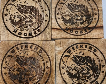 Funny Fishing Coaster Set, Engraved Acacia Wood, Man Cave Decor