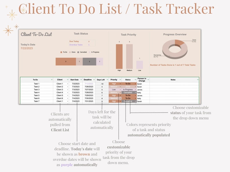 Client Tracker Google Sheets Template, Task Manager, to Do Calendar ...