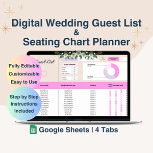 Suivi de la liste des invités de mariage, planificateur de plan de salle (téléchargement numérique), feuilles de calcul Google