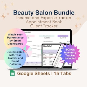 Puede incluir: Una plantilla de Google Sheets para un salón de belleza. La plantilla incluye un panel de control con gráficos, una lista de clientes y un rastreador de tareas. El texto en la imagen dice "Beauty Salon Bundle Income and Expense Tracker Appointment Book Client Tracker Watch Your Performance by Smart Dashboards Customizable with Task Tracker and Smart Calendar Google Sheets | 15 Tabs BONUS Inventory Tracker Included".
