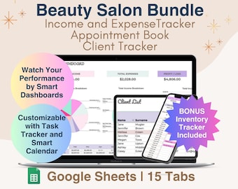Feuille de calcul des revenus et des dépenses d'un salon de beauté Carnet de rendez-vous et livret client Google Sheets for Nail Hair Salon, Lash Tech