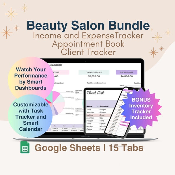 Beauty Salon Income and Expense Bookkeeping Spreadsheet Appointment Book & Client Record Book Google Sheets for Nail Hair Salon, Lash Tech