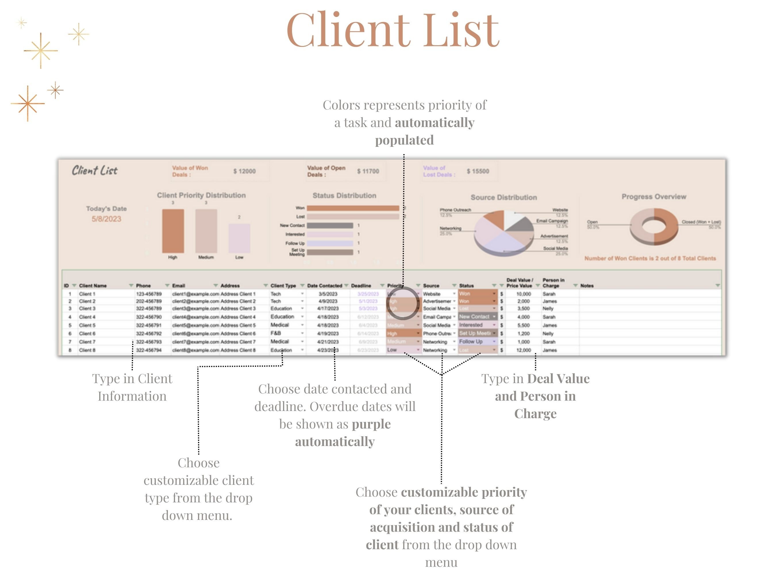 Client Tracker Spreadsheet for Google Sheets and Excel, Small Business ...