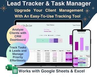 Lead Tracker Template Excel and Google Sheets, CRM and Client Tracker  Dashboard, Small Business Task Manager with Client List