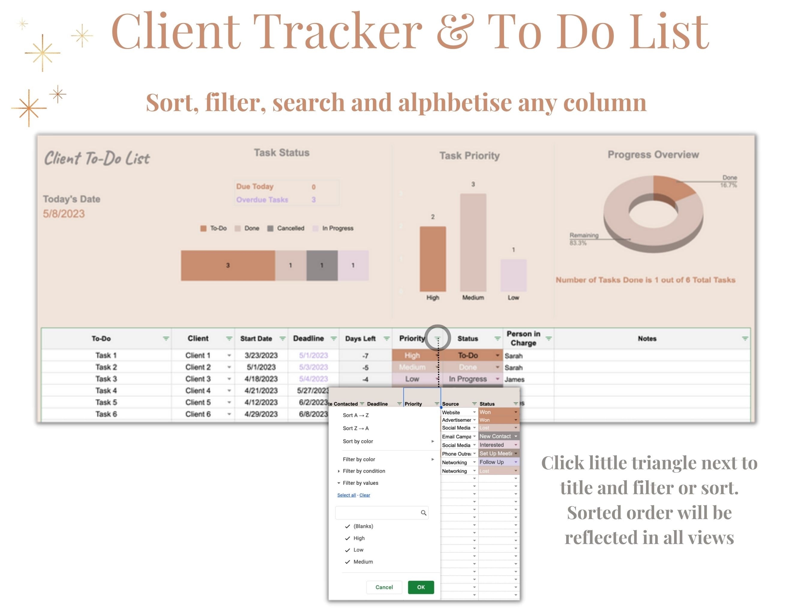 Client Tracker Spreadsheet for Google Sheets and Excel, Small Business ...
