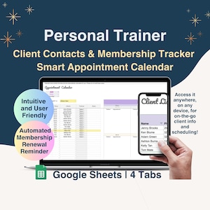 以下が含まれることがあります： 「アポイントメントカレンダー」というタイトルのGoogleスプレッドシートが表示されたラップトップコンピューター。スプレッドシートは、クライアントの連絡先、メンバーシップ、アポイントメントを追跡するために使用されます。ラップトップの前に、クライアントリストが表示されたスマートフォンが表示されています。画像の上部には「パーソナルトレーナー」というテキストが表示されています。