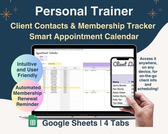 Personal Trainer Client Tracker Spreadsheet, Customer Intake Form, Membership Tracking, Appointment Booking Sheet, Schedule, Fitness Planner