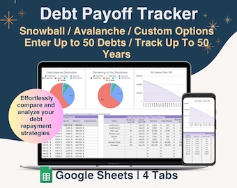 May include: A laptop and a smartphone screen display a Google Sheets spreadsheet with a debt payoff tracker. The spreadsheet includes charts and tables to track debt balance distribution, remaining to pay distribution, and debt payments by chosen payment strategy. The spreadsheet is titled "Debt Payoff Tracker" and includes the text "Snowball / Avalanche / Custom Options" and "Enter Up to 50 Debts / Track Up To 50 Years".