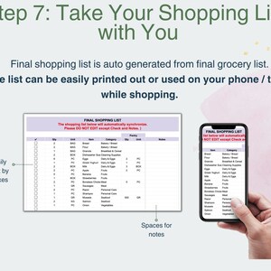 May include: A screenshot of a mobile phone displaying a shopping list app. The list is organised by category and includes items such as bread, milk, eggs, and fruit. The app allows users to tick off items as they are purchased. The text on the screen reads "FINAL SHOPPING LIST".