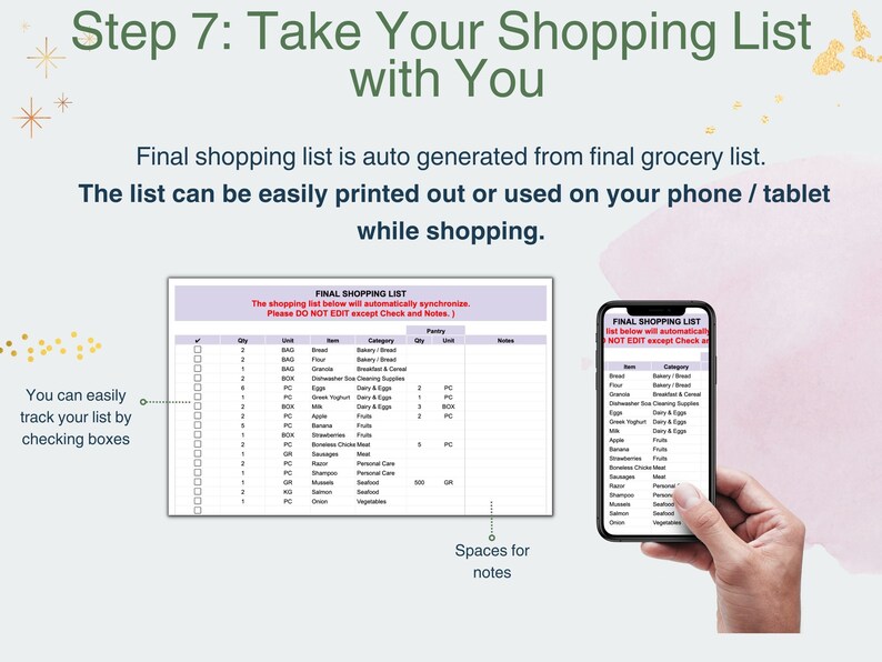 May include: A screenshot of a mobile phone displaying a shopping list app. The list is organised by category and includes items such as bread, milk, eggs, and fruit. The app allows users to tick off items as they are purchased. The text on the screen reads "FINAL SHOPPING LIST".
