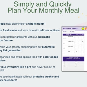May include: A purple and white printable meal planner with the text "Simply and Quickly Plan Your Monthly Meal". The planner includes a weekly meal planner with a list of ingredients for the day, a grocery list, and a colour-coded reminder system.