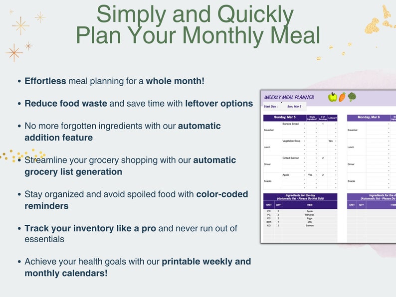 May include: A purple and white printable meal planner with the text "Simply and Quickly Plan Your Monthly Meal". The planner includes a weekly meal planner with a list of ingredients for the day, a grocery list, and a colour-coded reminder system.