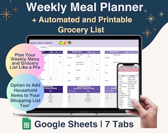 May include: A laptop screen displaying a Google Sheets weekly meal planner with a printable grocery list. The planner includes a section for planning meals and a section for adding household items to the grocery list. The screen is surrounded by a blue background with white stars.