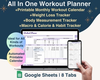 Workout Planner Spreadsheet Google Sheets Template, Printable Fitness Calendar, Gym Checklist, Weight Loss Tracker, Body Measurement